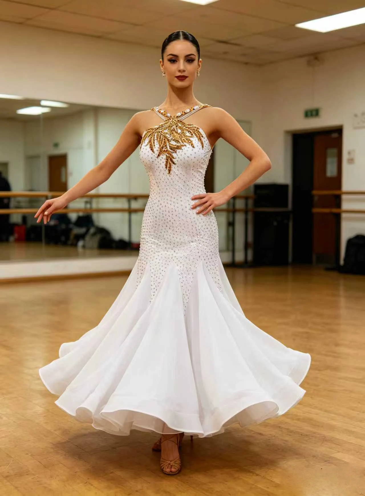 Advanced Ballroom Competition Dance Dress Women White Sparkle Waltz Dance Skirt Adult Standard Ballroom Dance Dresses
