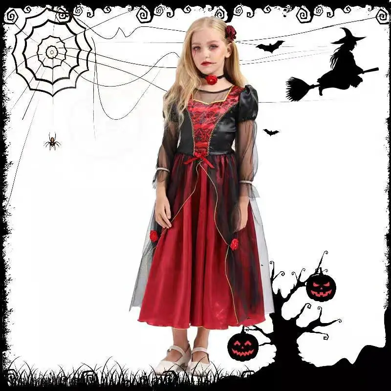 Halloween-Kinderen Vampiers Kleden Cosplay Kostuum Rood Vakantiefeest Lange Jurk Vrouw Kostuumbal Toneelkleding