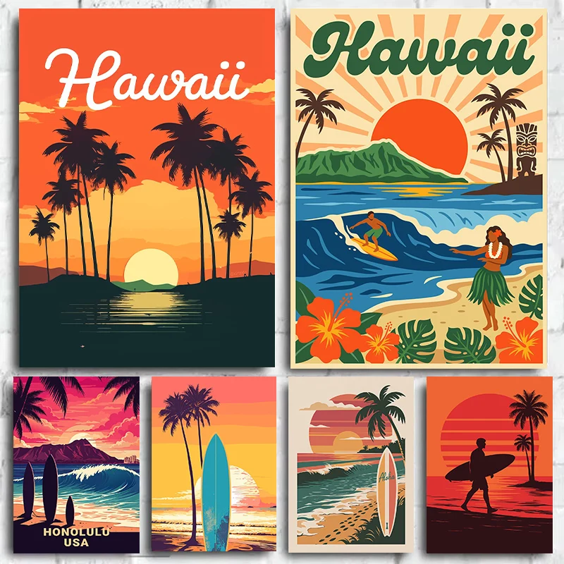 Hawaii Vintage Travel Poster Surfing Beach Palm Tree Poster and Prints Canvas Painting Wall Art Pictures Home Room Decor