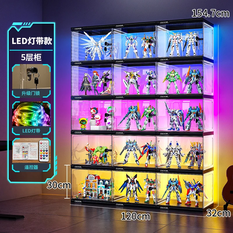 New LED Lighted Clear Acrylic Transparent Display Cabinet Commodity Shelf Living Room Multi-Layer Storage Box Hot Sale
