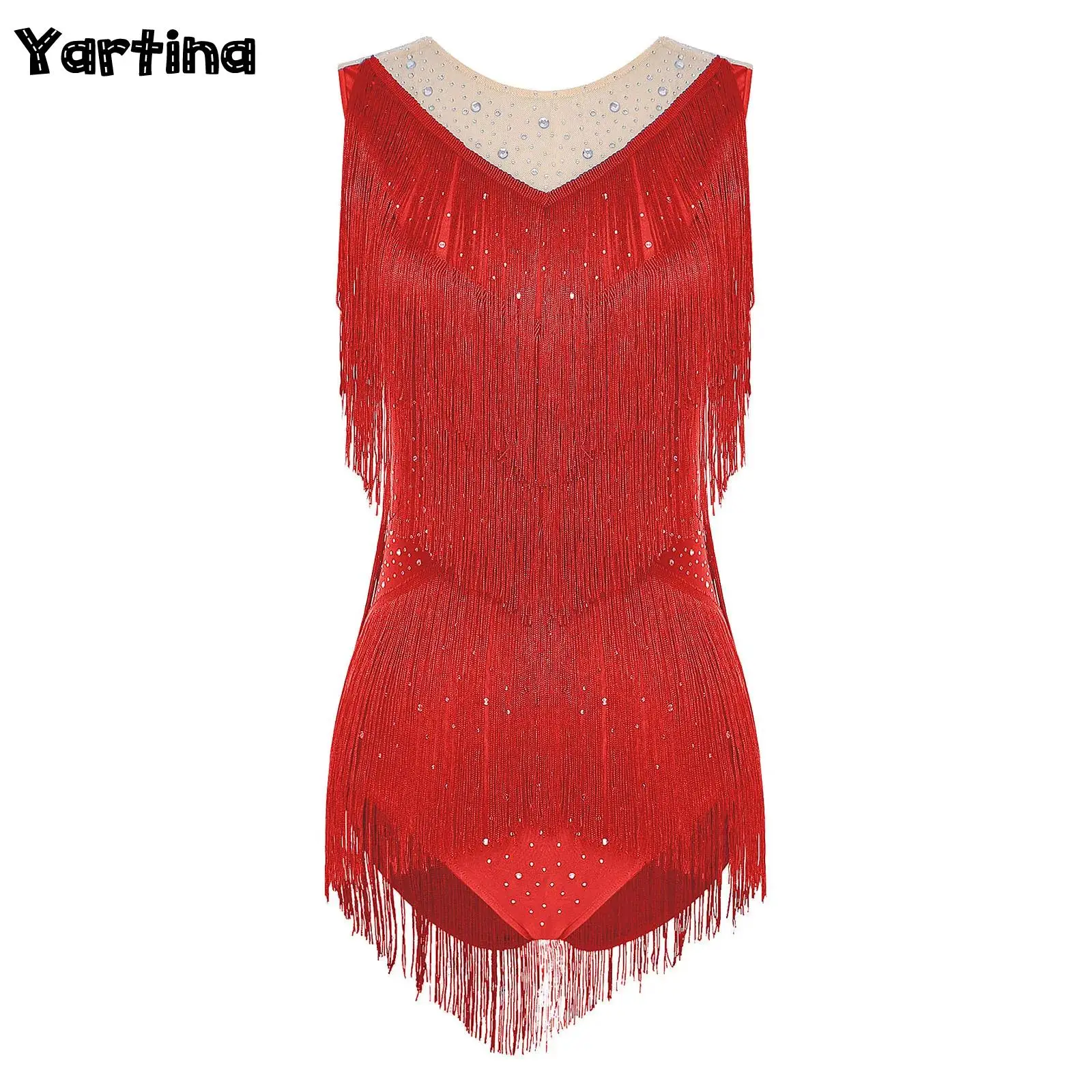 

Womens Gymnastics Latin Figure Skating Ballet Leotard Costume Tassel Fringe Waist Glittery Bodysuit Tango Chacha Dancewear