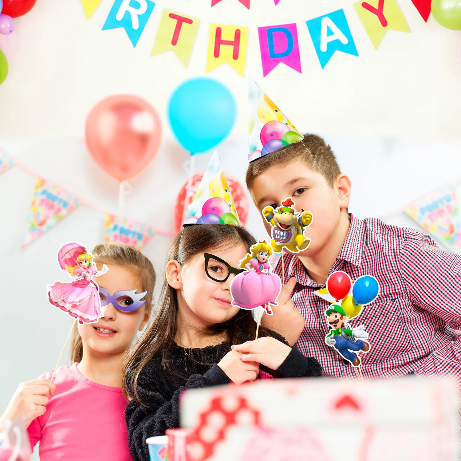 32 قطعة من زينة حفلات سوبر ماريو مع عصا كابينة تصوير لحفلات ماريو لمورد حفلات أعياد الميلاد سوبر ماريو