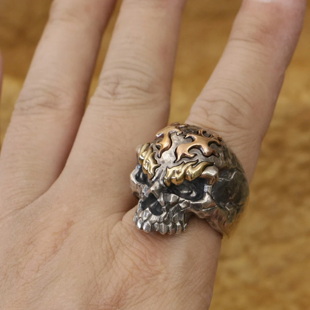 Brass Eyebrow Copper Fire 925 Sterling Silver Skull Ring Punk Adjustable Ring TA427 US Size 8~15 BZ