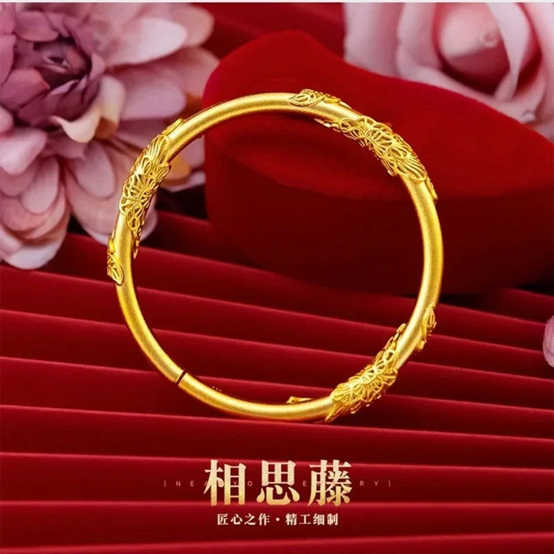 AU999 Gold Acacia Vine Charm Bracelet, 24K Pure Gold Fashion Open Bracelet for Girlfriend Holiday Gift Fashion Jewelry