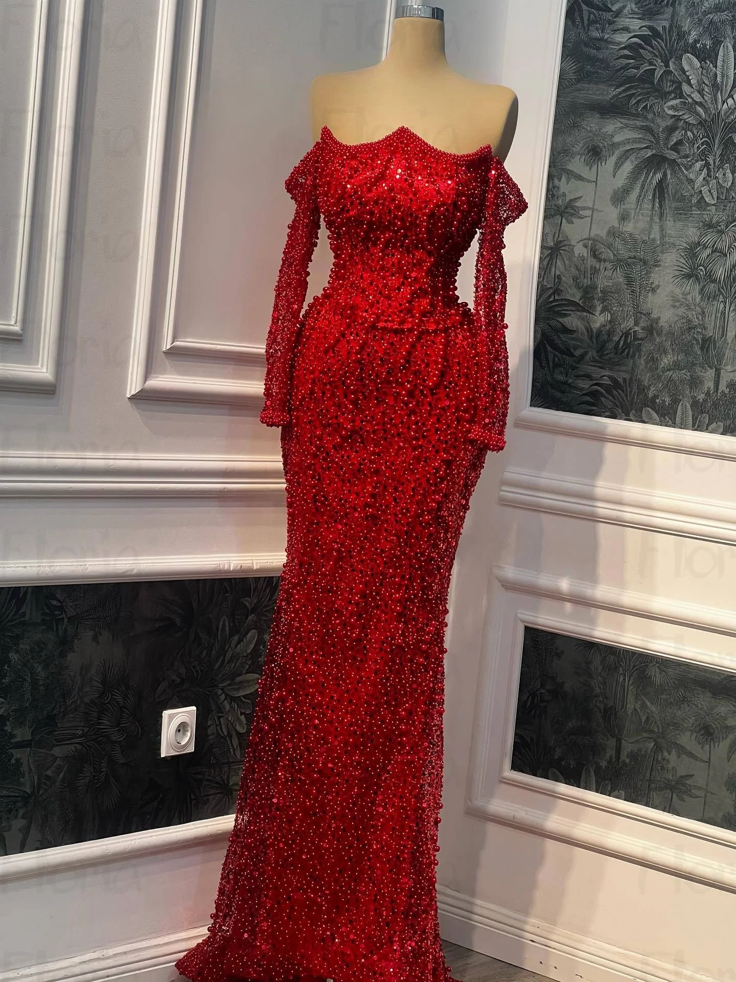 

Customized Red Sequins Mermaid Evening Dress Burgundy Boat Slash Neck Luxury Women Engagement Party Dresses Dubai Host Gown 2025