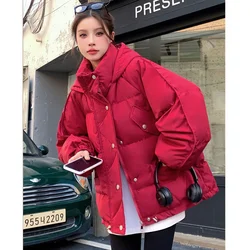 Red Down Jacket Women Coat Hooded Fashion American Streetwear Y2K Style Duck Down Feather Female Winter Purple Short Outwear