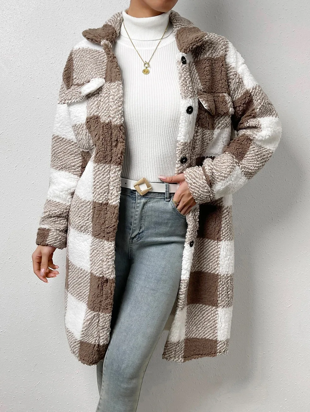 2025 Winter Women's Long Coat Plaid Plush Lapel Pocket Button Cardigan Top Street Fashion Versatile Warm Jacket for Female