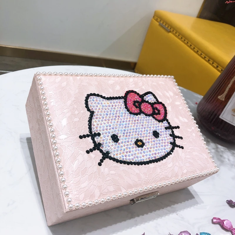 Sanrio Double Layered Jewelry Box Sticky Diamond Kitty with Lock Cartoon Storage Box Multi Functional Cute Jewelry Box Girl Gift