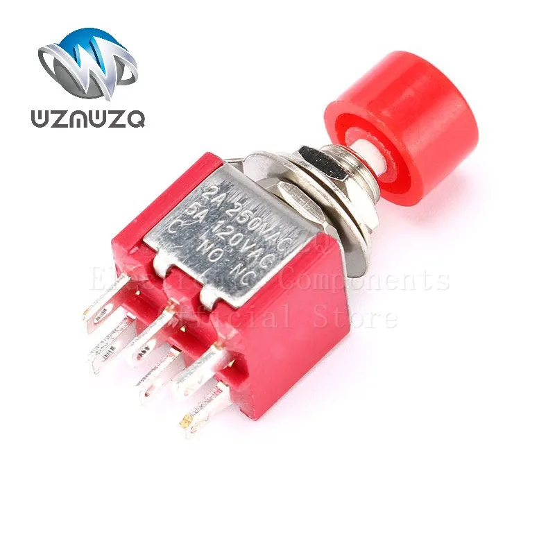 5PCS/Lot PS-202 6 Pins SPDT Momentary 2A 250V 5A 120V AC Push Button Pushbutton Switch 1 NO 1 NC Reset switch