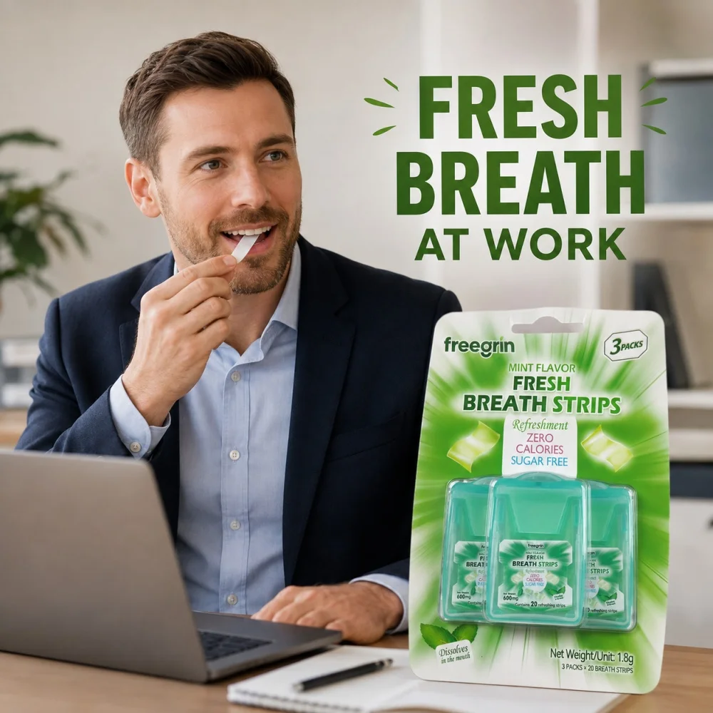 3Pcs FREEGRIN Mint Breath Strips Sugar-Free Dissolving Strips Mouth Oral Instant Portable Breath Freshener Melt In Mouth Strips