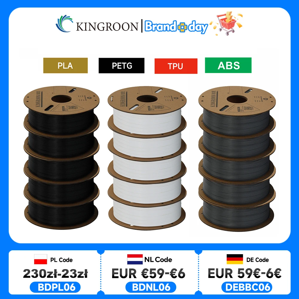 Filamento per Stampante 3D KINGROON PLA PETG TPU ABS, Confezione da 5KG, Nero Bianco Grigio, 1.75mm, Senza Bolle, 5 Rotoli da 1kg, Bobina Casuale