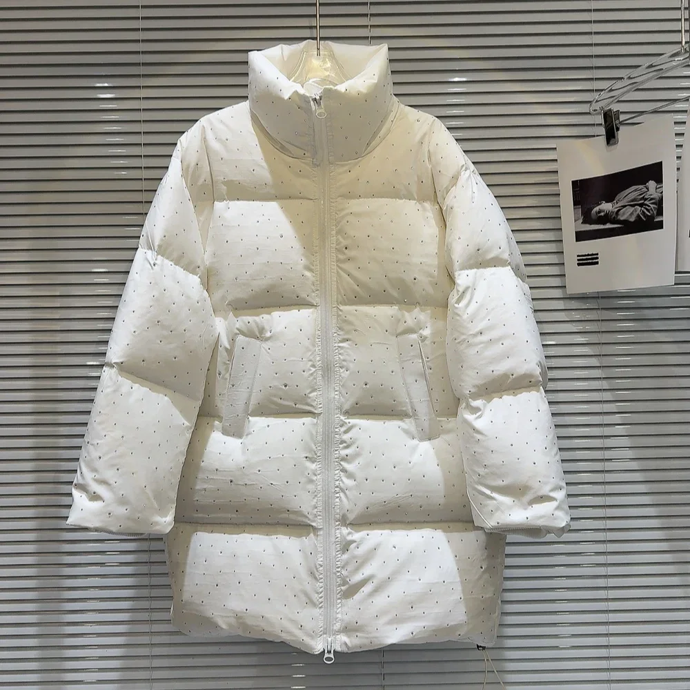 Babysbreath Hot Drilling Women Wadded Jacket Autumn Winter Mid-long Parkas Stand Collar Zip Casual Diamonds Cotton-padded Coat