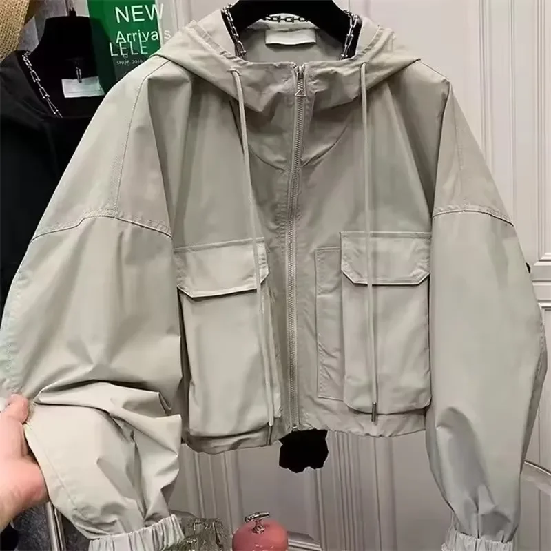 New Trendy Women Jacket Windbreaker Hooded Zip-up Coat Autumn Vintage Outwear Korean Harajuku Cropped Basic Coat Streetwear