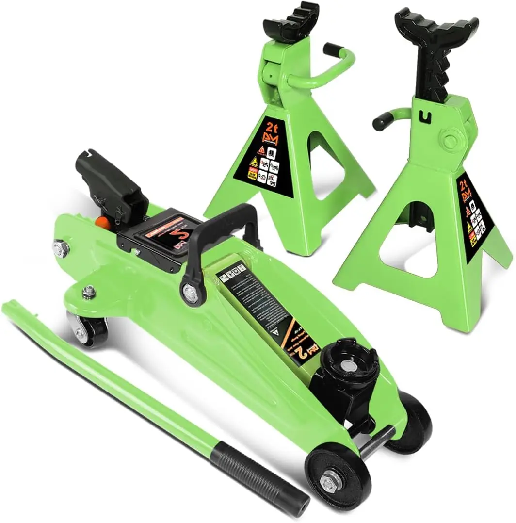 

Low Profile Hydraulic Trolley Service/Floor Jack Combo with 2 Ratchet Jack Stands, 2 Ton (4000 lbs) Capacity, Green