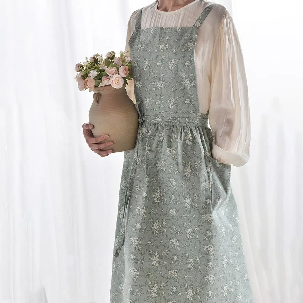 

Cotton Kitchen Cooking Apron Floral Printed French Style Waiter Extended Aprons Waterproof Stain-proof Artist Flower Shop Apron