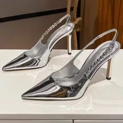 Slingback de salto alto brilhante para mulheres, sandálias de cristal metálico, sapatos de salto Pointy Toe Stiletto, vestido prateado