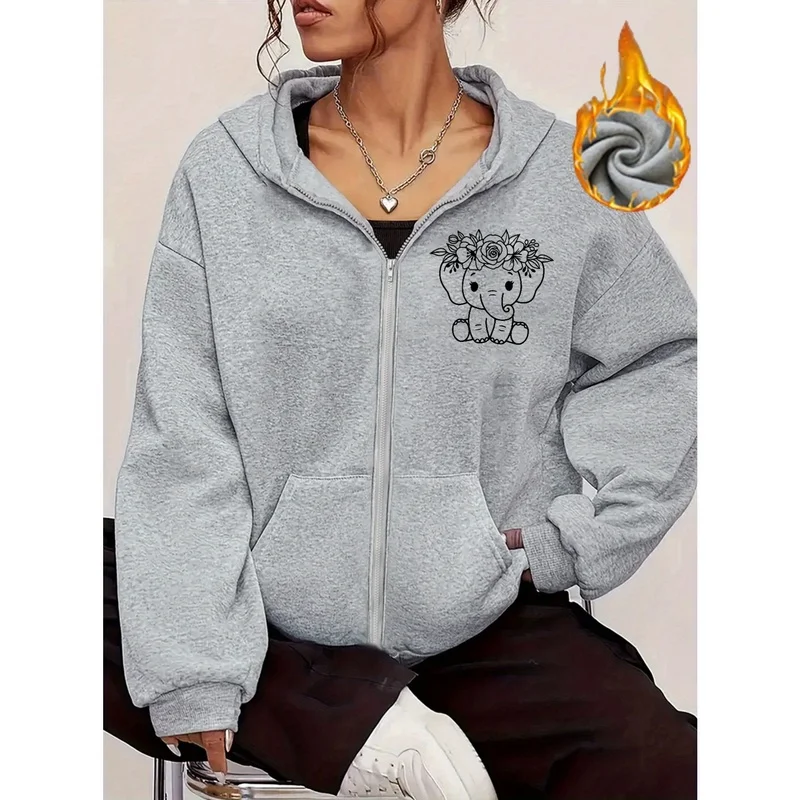 Women'S Casual Zip-Up Hoodie with a Trendy Design Featuring Cartoon Flowers And a Little Elephant, Made of Warm Fleece