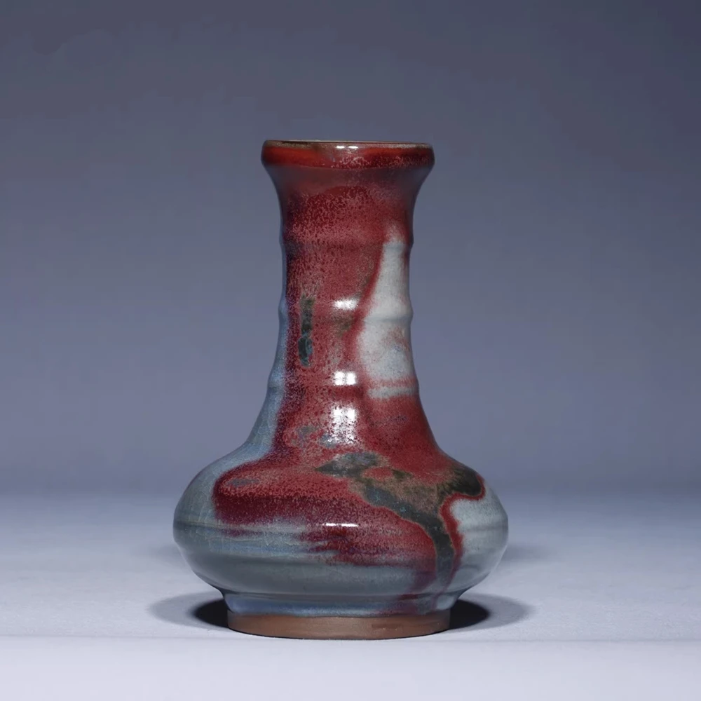 Jun Porcelain Bamboo Shape Fully Handcrafted Moon White Red Spots Bluish-pink Glaze Wood Burned Song Style Vase by Liu Chuan Bo