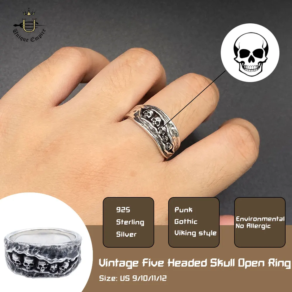 Vintage Five Skull Head Open Ring For Men And Women Halloween Party Gift Creative Personality Skeleton Gothic Jewelry