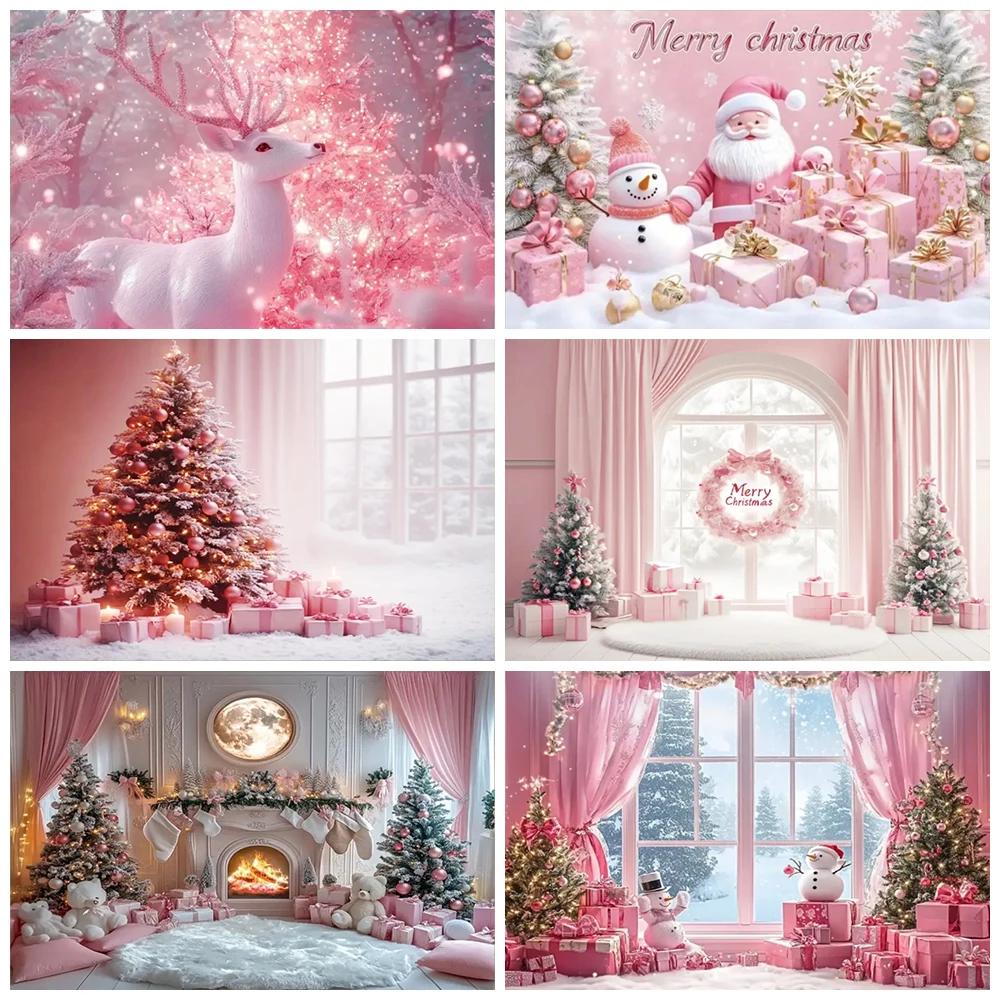 

Pink Christmas Party Decoration Background Banner Santa Claus Reindeer Backdrop Supplies Snow Scene Christmas Tree Shooting Prop