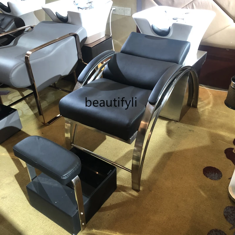 Stainless Steel Shampoo Chair Hair Salon Flush Hair Lying Half Deep Basin Ceramic Basin with Pedal