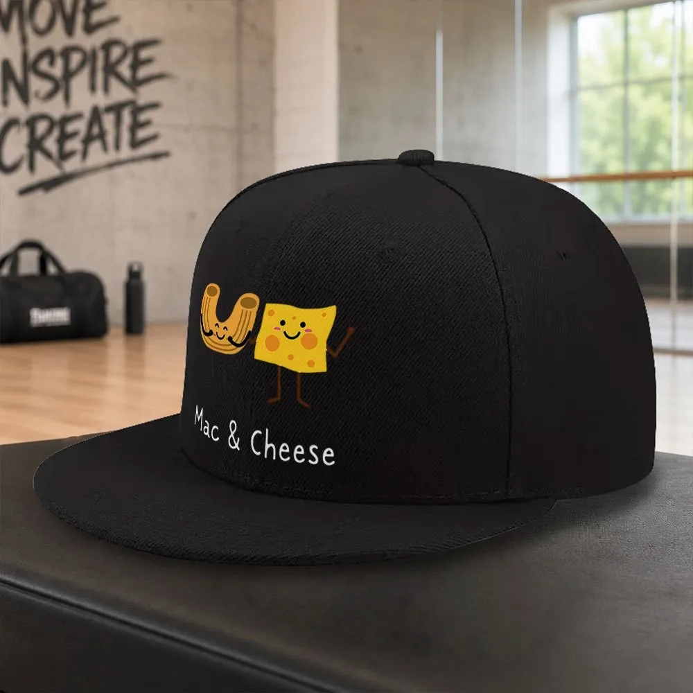 Mac and Cheese Design Baseball Cap Unisex Casual Flat Brim Snapback Hat for Outdoor Daily Wear