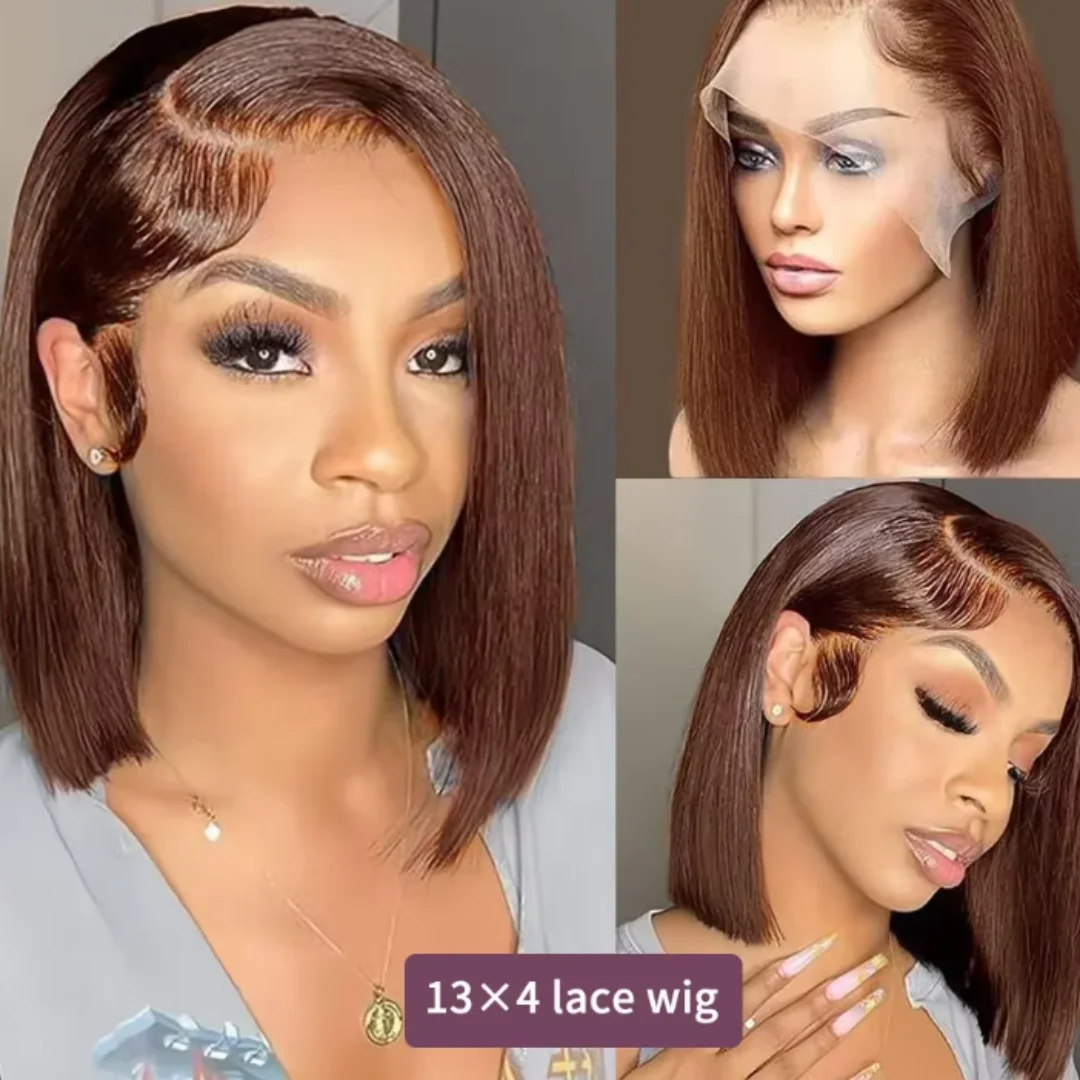 Schokoladenbraune Bob-Perücken, Echthaar, kurze, leimlose Bob-Perücke, braun gefärbt, 13 x 4 Spitzen-Frontal-Echthaar-Perücken für Frauen, 180 Dichte