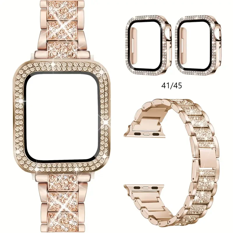 

NEW Diamond case+Strap For Apple Watch Band 45mm 40mm 44mm 41mm 38mm 42mm Metal Belt IWatch Series 9 8 7 SE 6 5 Women Bracelet