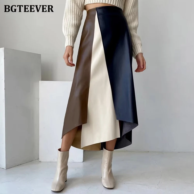 

BGTEEVER Stylish Patchwork Irregular PU Leather Skirts Women Spring Autumn Loose Elastic High Waist Female A-line Skirts