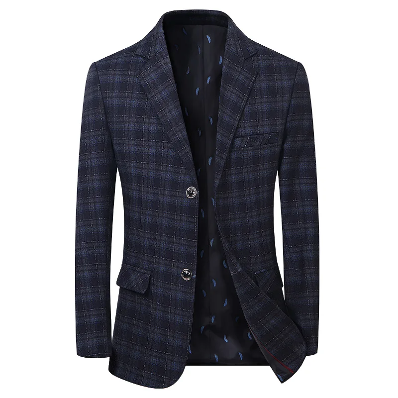 

KIDWHXR Suit Coat Man Fashion Plaid Single-breasted Male Blazer British Style Long Sleeve Slim Versatile Casual Men Outerwear