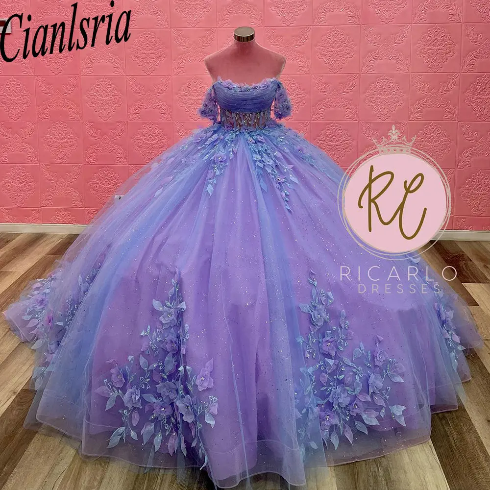 Lilac Illusion 3D Flowers Appliques Lace Ball Gown Quinceanera Dresses Off The Shoulder Crystal Corset Vestidos De 15 Años