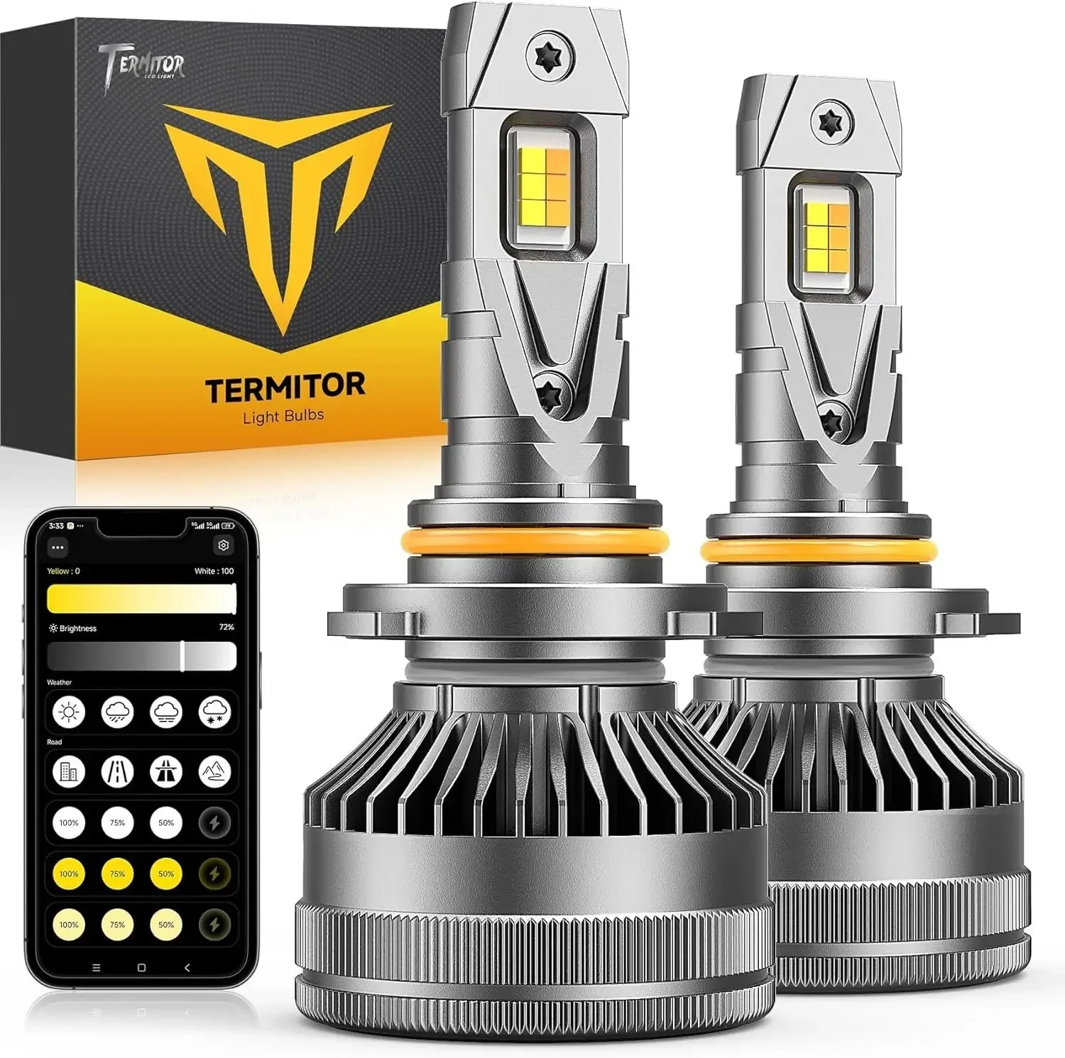 Termitor Smart 9005/HB3 LED Headlight Bulb, 0-200000LM 2000% Super Brighter, App-Controlled Dimming & Color Temperature, 3000K Yellow to 6500K Cool White for Bluetooth High/Low/Fog Light Beam, Plug and Play, Pack of 2