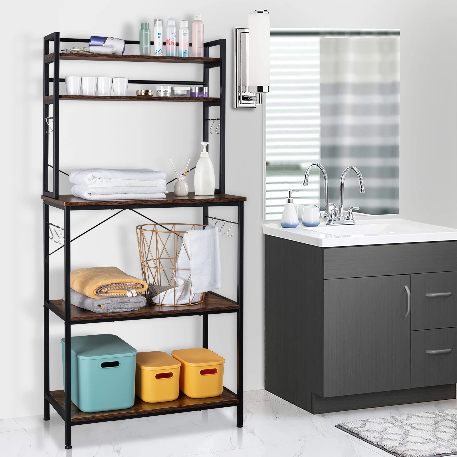 5-Tier Kitchen Bakers Rack with 10 S-Hooks, Industrial Microwave Stand, Free-Standing Kitchen Cart, Storage Shelf Organizer.