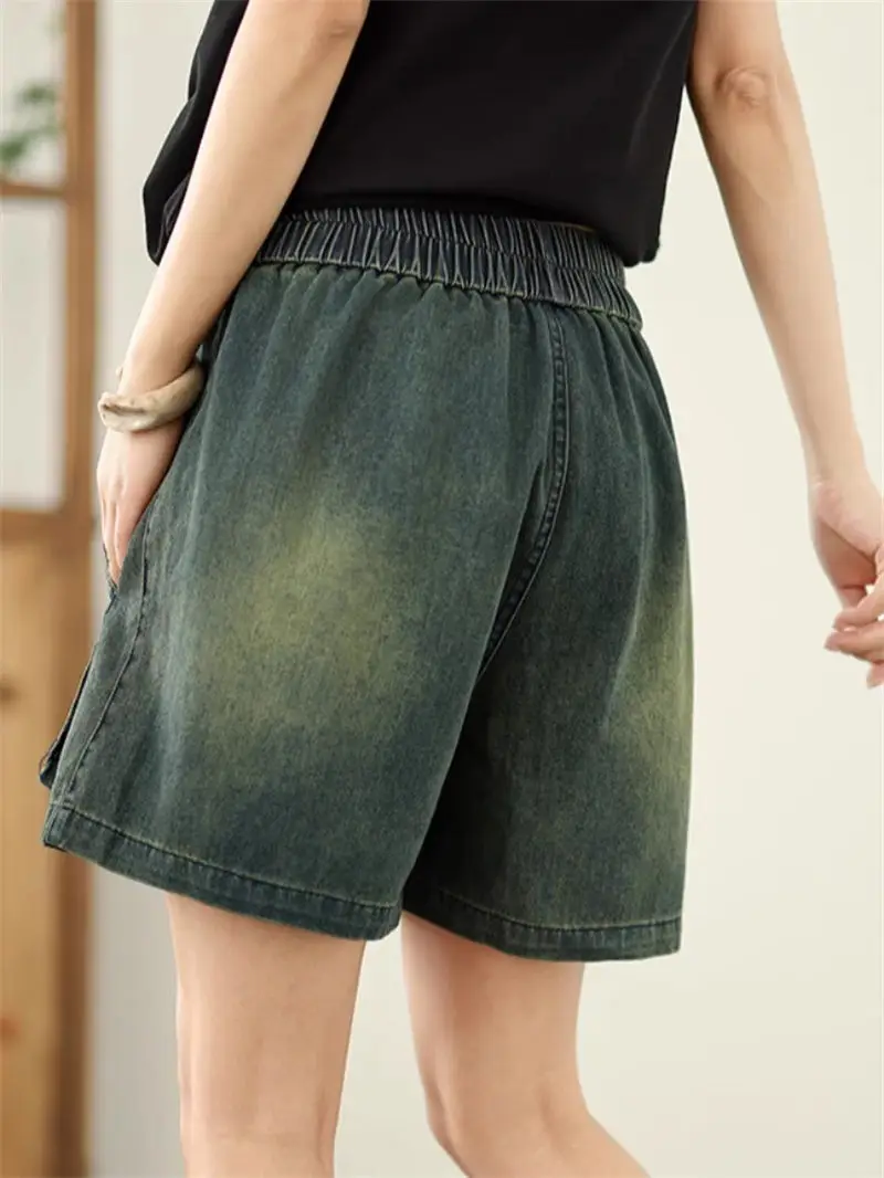 Women's Denim Shorts: Large Pockets, Elastic Waist | Summer Wide Leg A-Line | Slimming Casual (G989)
