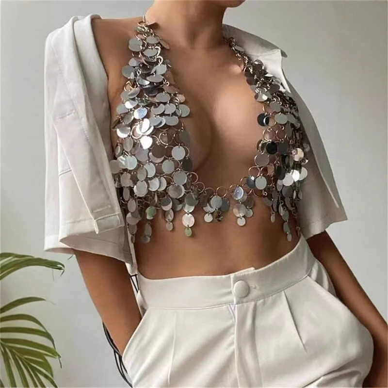 

Sequin Ring Backless Vest Multilayer Handmade Crop Tube Corset With Chest And Body Chain For Women Party Club Halloween Glam