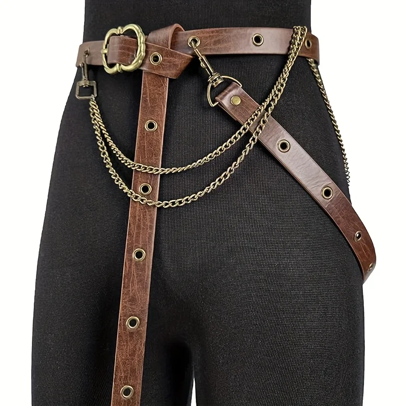 Retro Viking Style Belt Adjustable Medieval PU Leather Belt with Metal Chain Punk Steampunk Cosplay Accessories