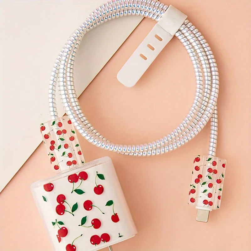 Cute Cherry Pattern Charger Protector Case Cover For iPhone 20W 18W USB Adapter Charger Cable Management Cord Winder Accessories