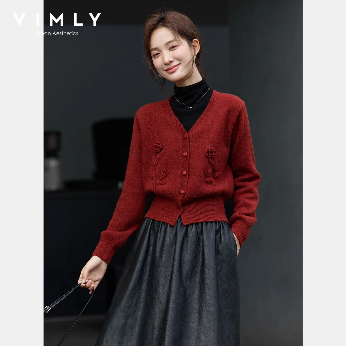 

VIMLY кардиган женский красный 3D цветок вязаный повседневный женский свитер с v-образным вырезом и длинными рукавами 2025 зимние свободные женские джемперы с вышивкой 75277