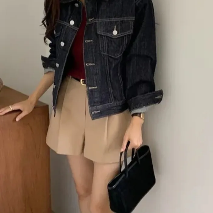 Korean Style Retro Denim Jacket Women's Loose Shoulder Short Workwear Outerwear Cotton Casual Fashion Autumn Season