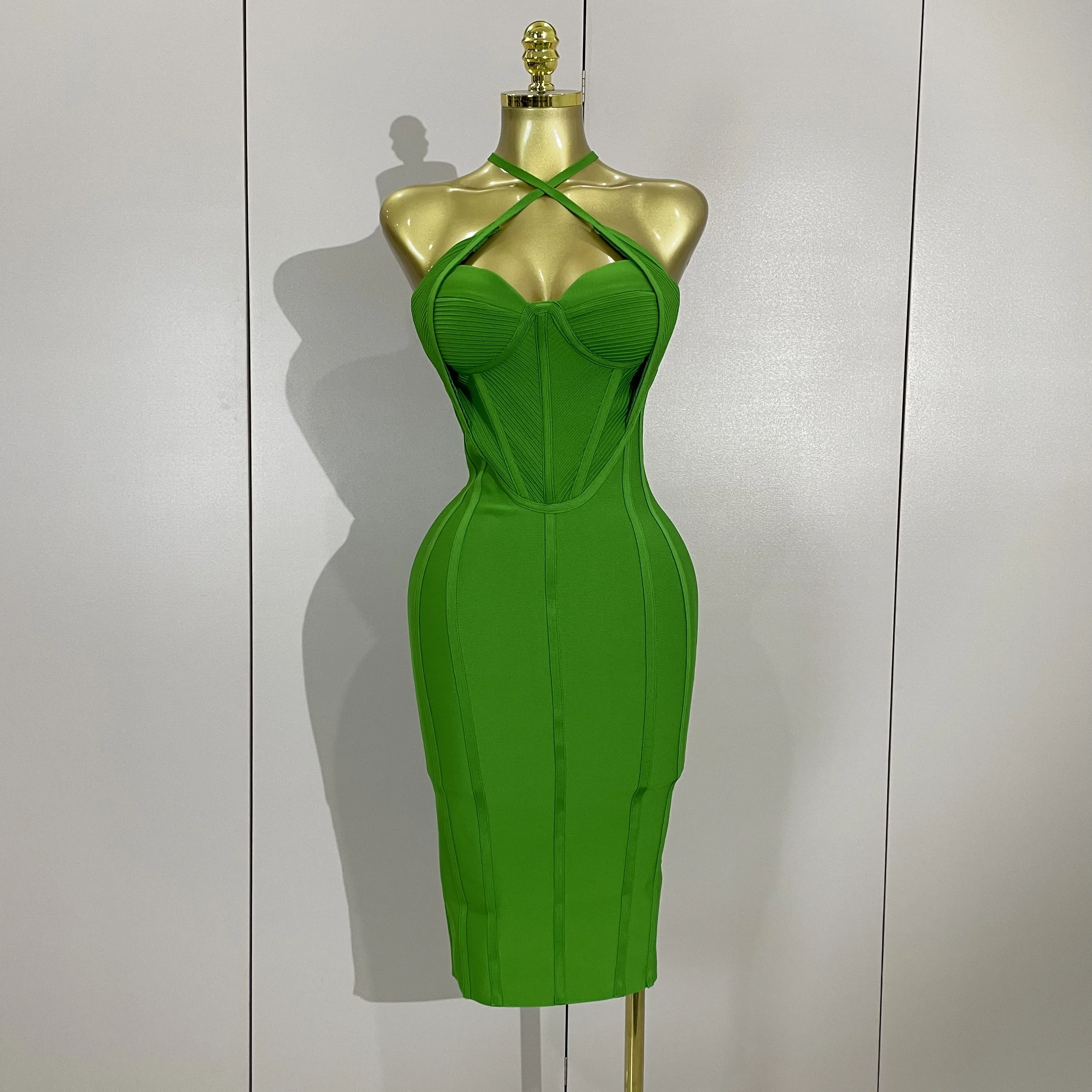 2025 المرأة مثير الأخضر بلا أكمام الرسن ميدي Bodycon ضمادة فستان المشاهير أنيقة مساء نادي حفلة فاخرة فستان عيد ميلاد #2