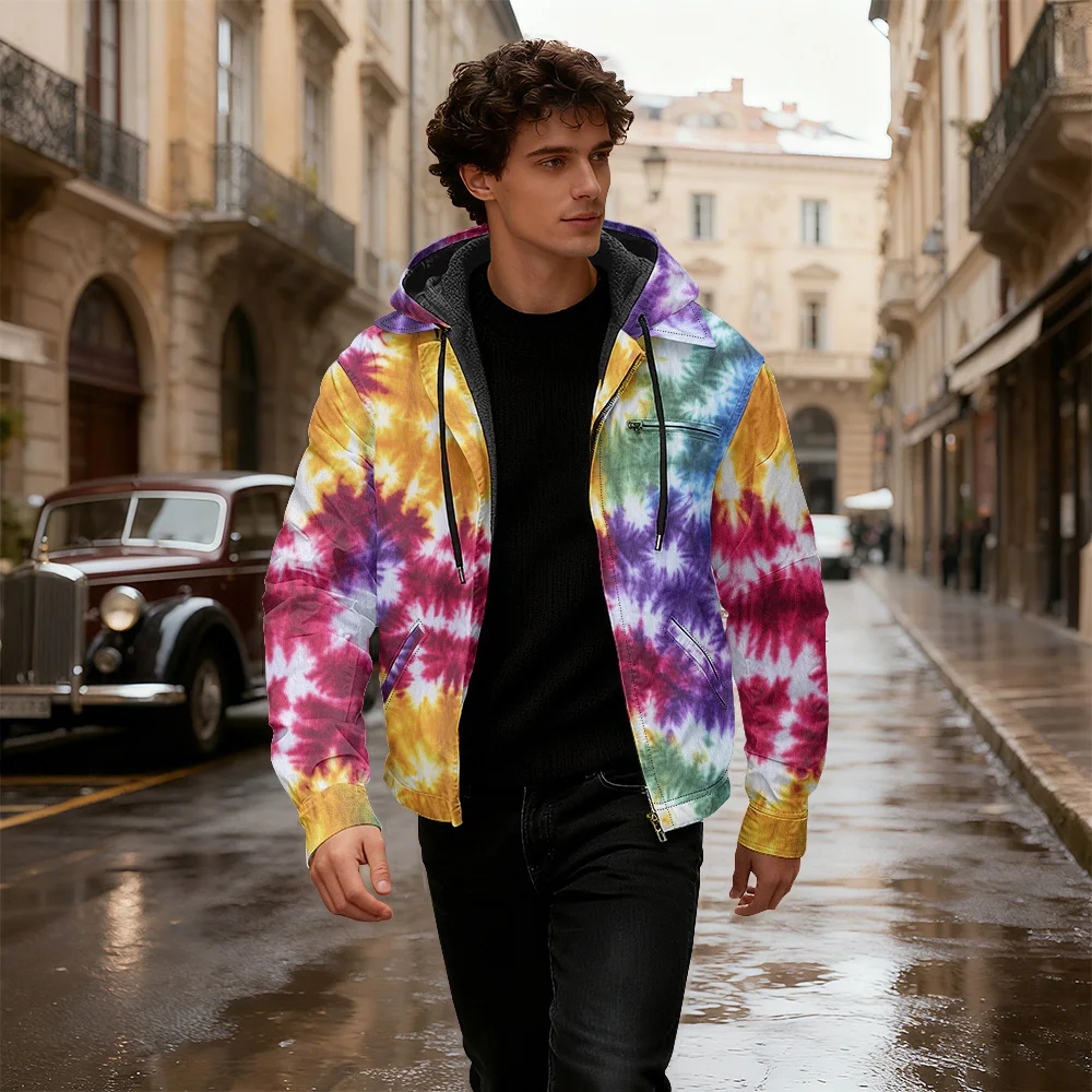 

Хлопковая куртка с капюшоном и градиентом тай-дай на молнии, модная повседневная толстовка на молнии с абстрактной геометрией, зимняя одежда