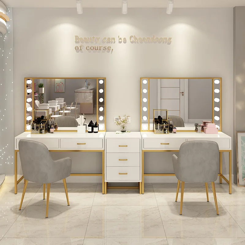 Light luxury makeup table with light, modern and minimalist wedding dress shop, beauty salon, dressing table, makeup artist's de