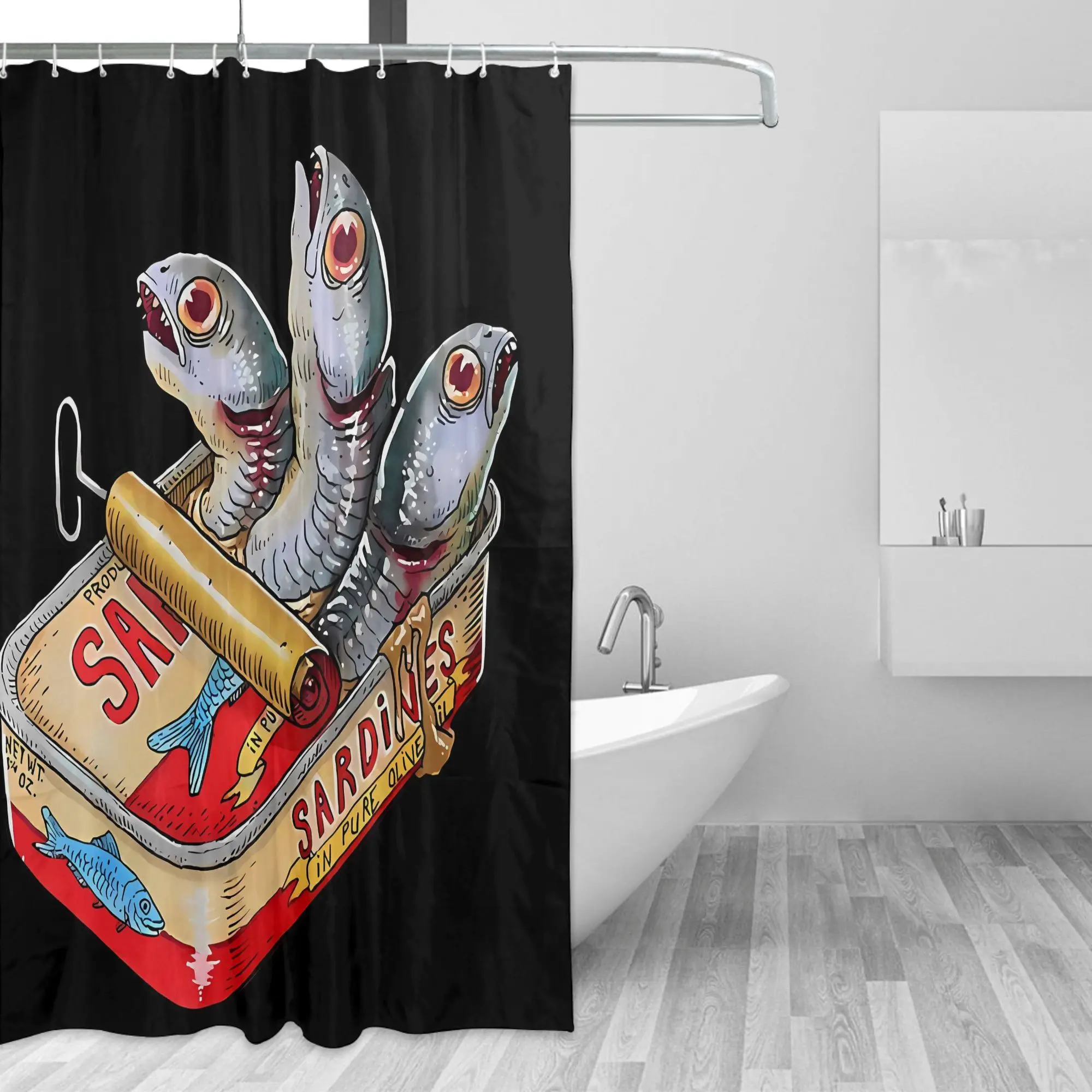 

Винтажная занавеска для душа с консервированным дизайном Sardines — прочный полиэстер, можно стирать в машине с люверсами, черный фон