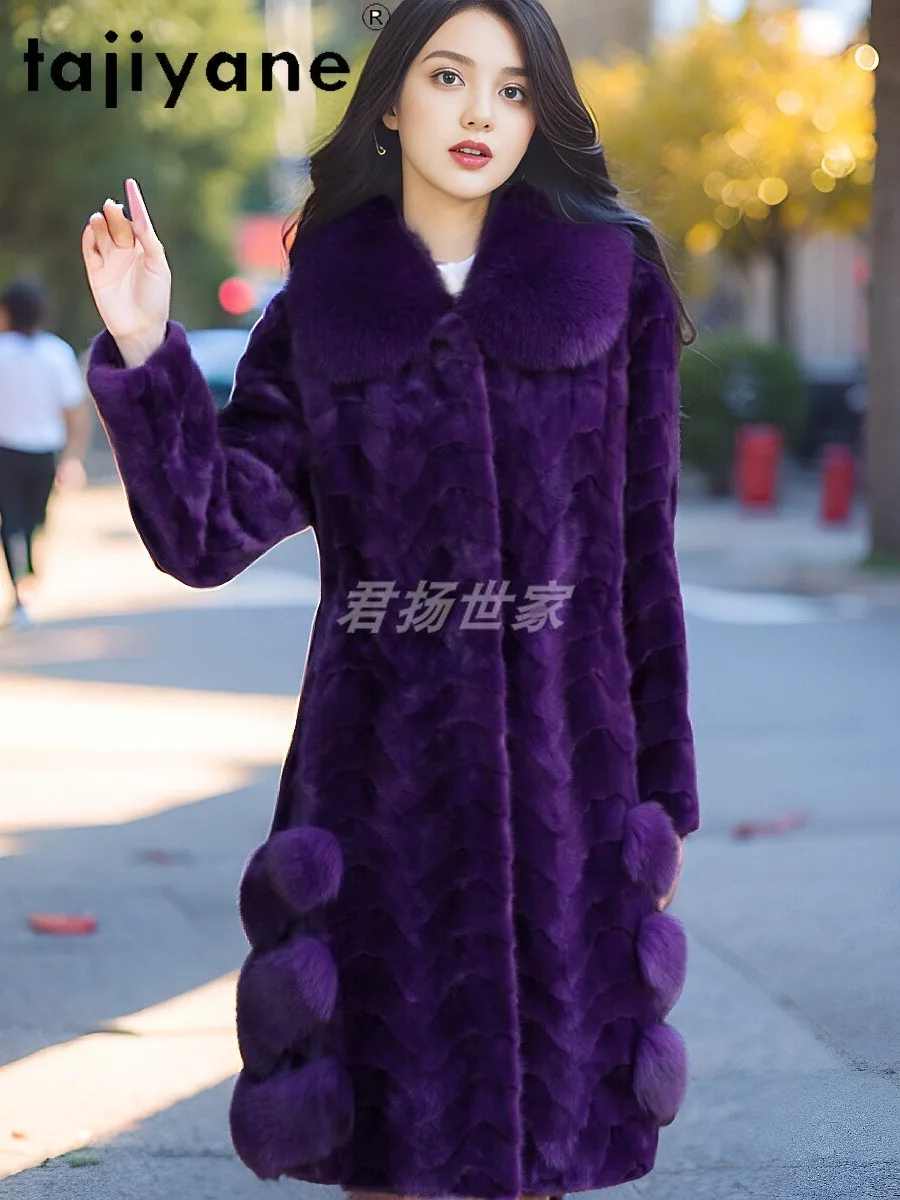 سترة من فرو المنك الطبيعي 100% من TAJIYANE معطف نسائي طويل أرجواني طويل من فرو المنك الحقيقي مع ياقة من فرو الثعلب ملابس شتوية للنساء 2025 #5