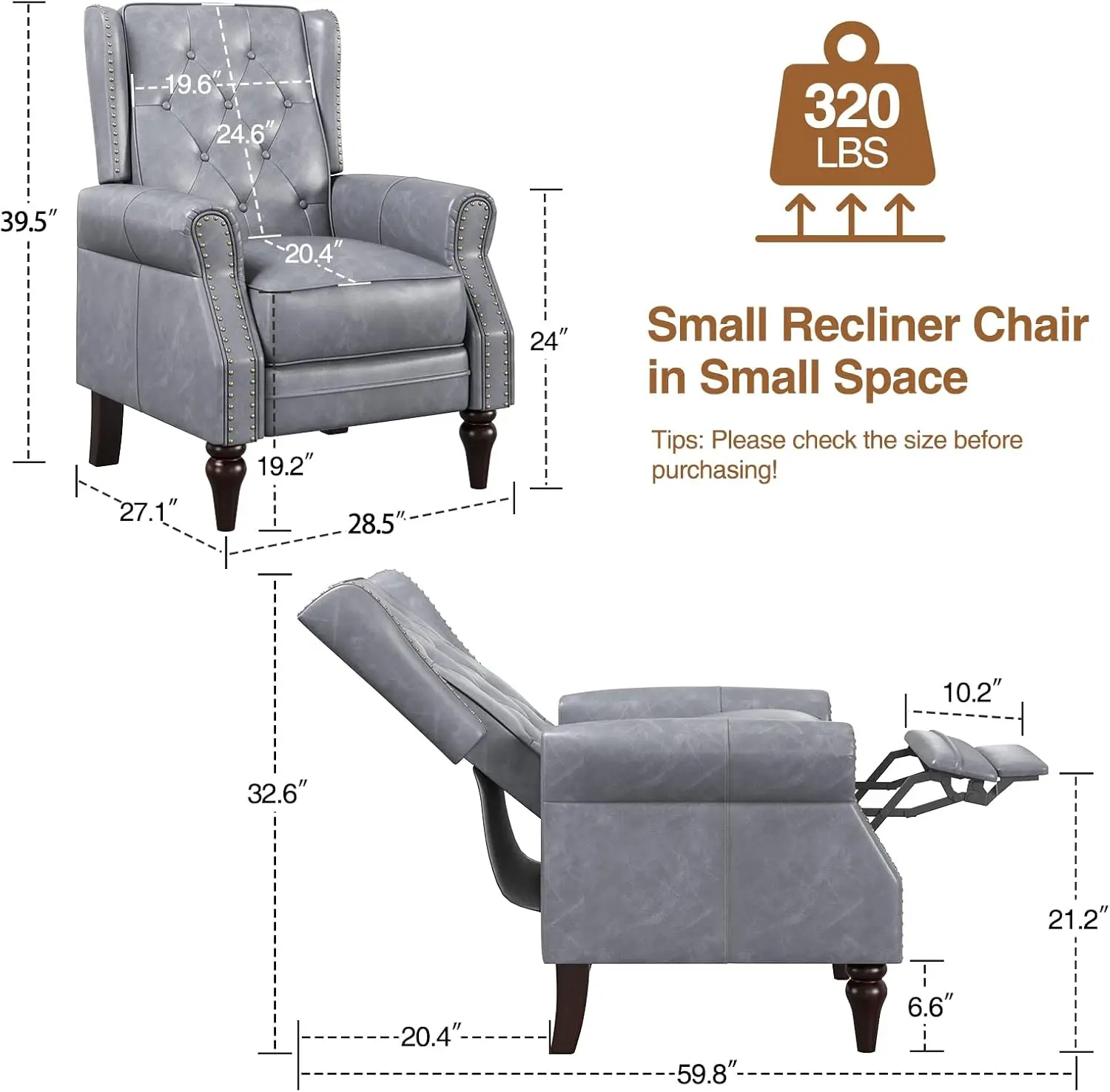 Small Recliner Chair Set Of 2, Modern Faux Leather Recliner With Tufted Buttons And Metal Rivets, Wingback Arm Chairs With