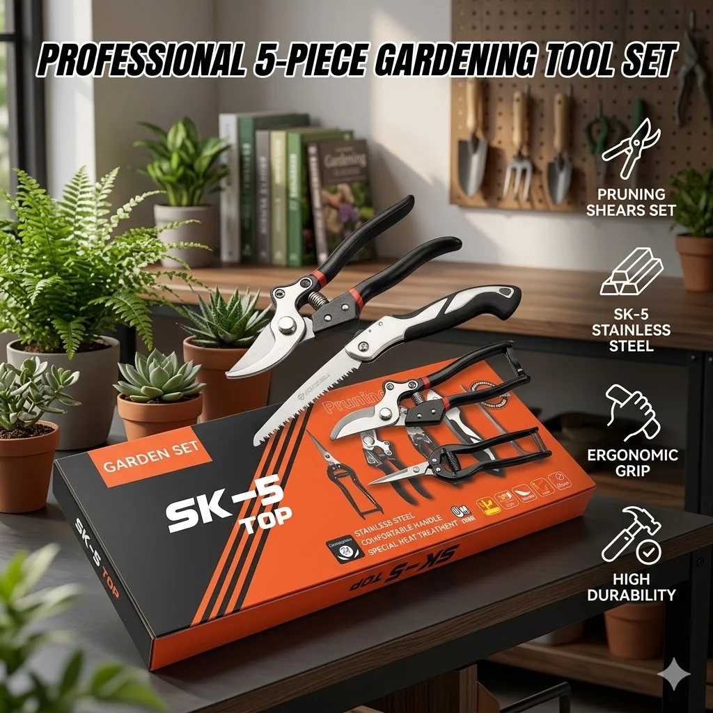 5Pcs SK5 Steel Garden Tool Set Heavy Duty Pruning Shears Folding Saw Branch Trimmer Bypass Pruner Yard Plant Care Hand Tools Box
