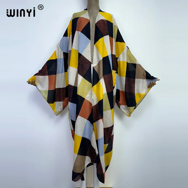 2022 WINYI Color matching printing Beach Wear Swim Suit Cover Up Boho Cardigan Elegant Sexy Holiday Long Sleeve Kimono