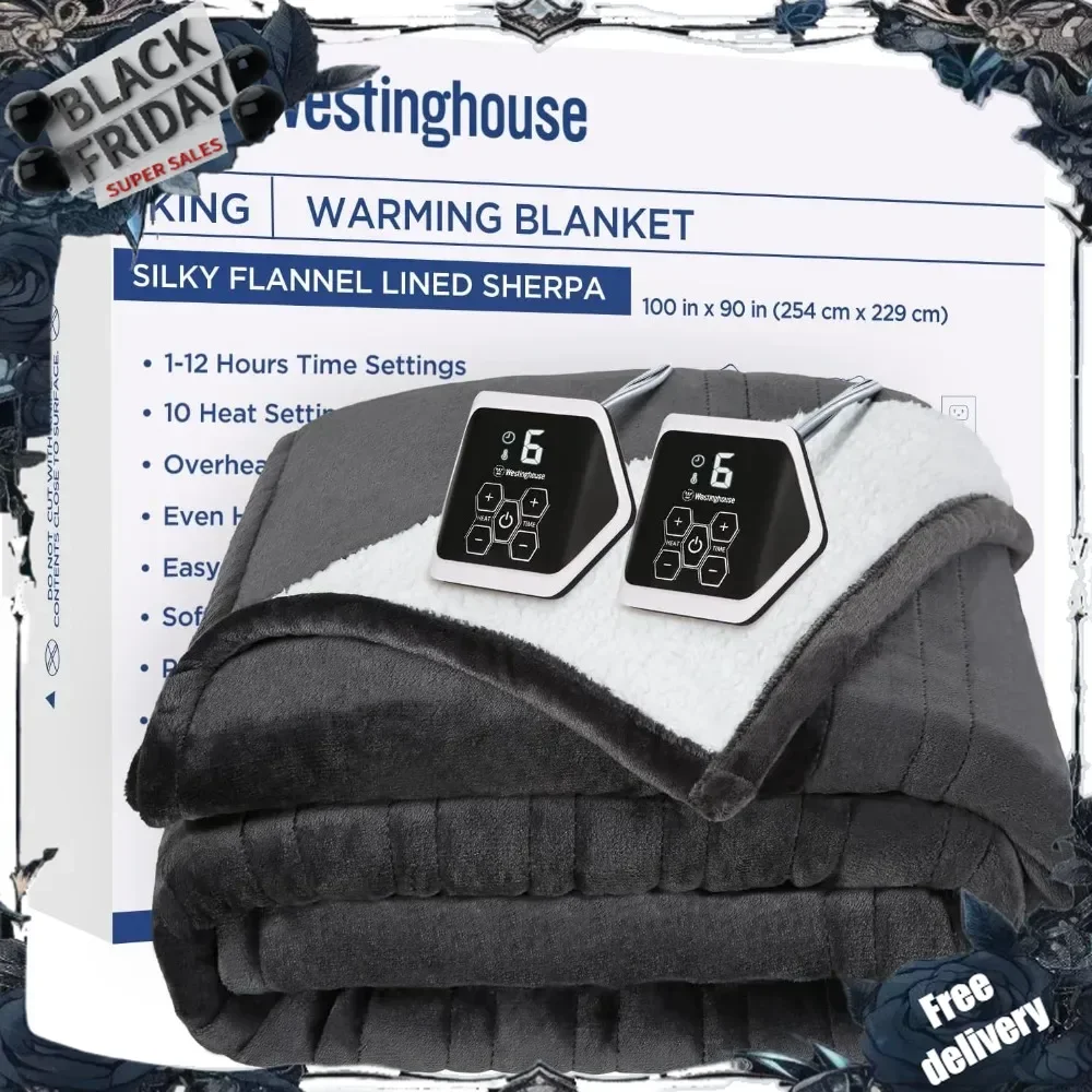 Heated Blanket King Size, Soft Flannel to Sherpa Electric Blanket with 10 Heating Levels, 1-12 Hours Auto Shut Off