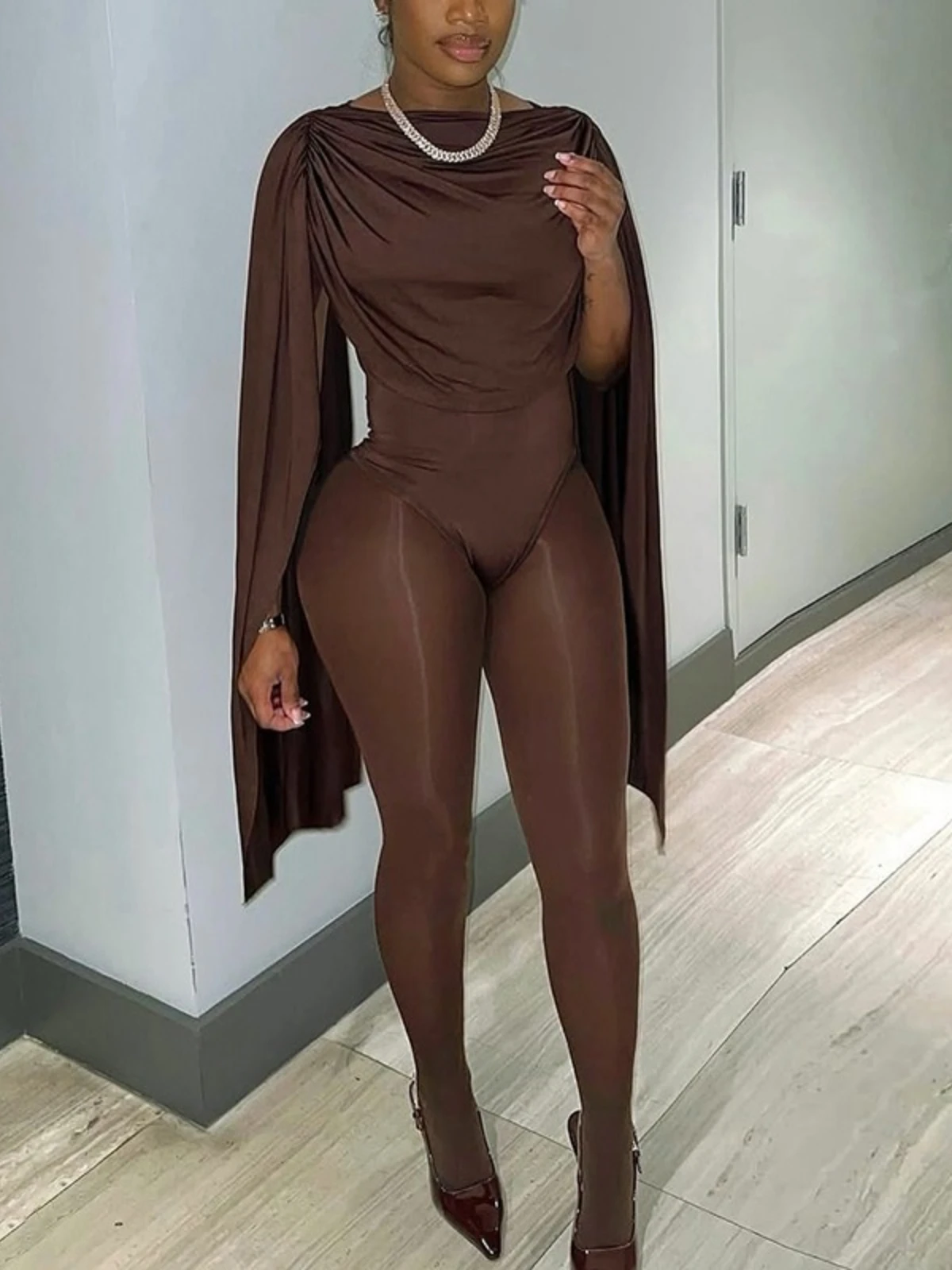 

SsTss Women Patchwork Jumpsuit New Solid Ruched Swinging Collar Shawl Sleeve Slim Fit See Through Mesh Jumpsuit for Party Outfit