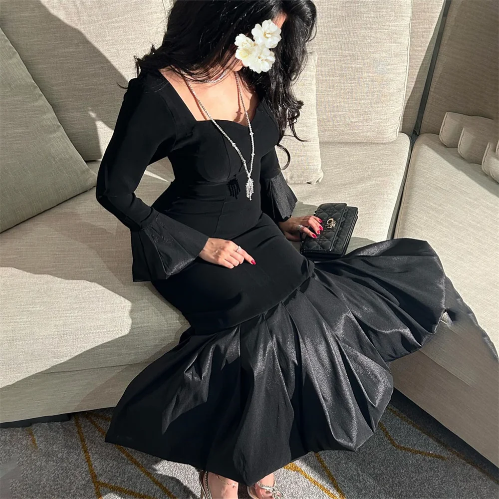 ROYET Square Neck Full Sleeve Pleat Black Prom Dress Tea Length Long Vintage Classic Style Elegant Evening Woman Gown New